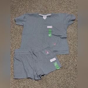 Susan G Komen Knit Short Set Gray Pink Pockets L DRAWSTRING Stretch Top 44x24